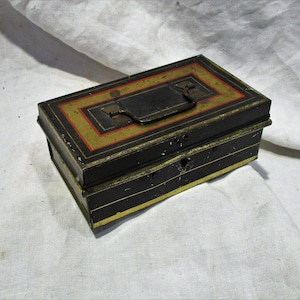 Antique Metal Cash Box: Compact Size, Gold & Red Detail