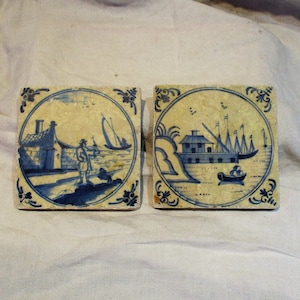 Delft Style Coasters, Vintage Blue & White, Hand Painted Old Tiles, Stone Tiles