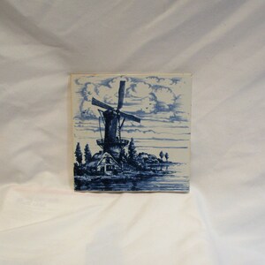 Delft Tile, Vintage Blue & White, Coastal Windmill, Old Dutch Hand Painted Architectural Salvage Tile