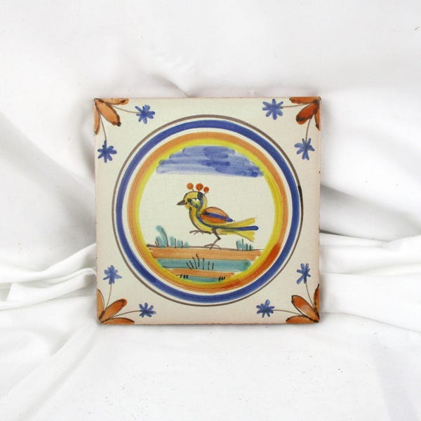 Bird Tile, Decorative Vintage Hand Painted Spanish or Portuguese (?) Bird Tile, Vintage Ceramic Tile