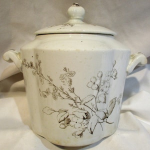 Aesthetic Movement Lidded Sugar Bowl, Brown and White Nineteenth Century English Transferware, Brownfield