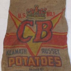 Burlap Sack, California C B Crown Klamath Russet Potato Sack, Old Barn and Farm Salvage
