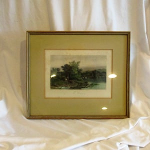 1874 Housatonic River Hand Colored Lithograph from a Painting by Bellows, Framed Antique Art, American CT and MA Country River Scene