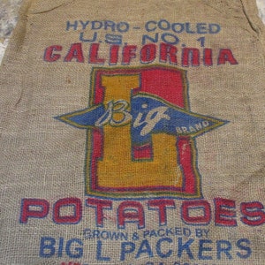 Burlap Sack, California Potatoes, Big L, Old Printed Gunny Sack, Vintage Farm and Barn Salvage