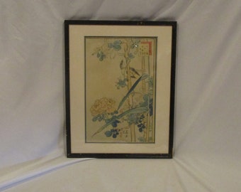 Asian Original Antique Framed Art, Watercolor or Wood Block, Signed 19th Century Flowers, Leaves, and Bird