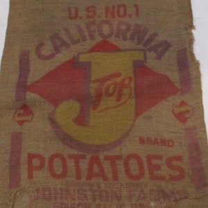 Burlap Sack, California Top J Brand Potatoes, Vintage Farm and Barn Stock, Johnston Farms, Edison