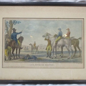 Early 1800s French Equestrian Lithograph, Carle Vernet Mounted Jockeys, Horse Riders, Framed Antique Art, 19th Century Hand Tinted Engraving