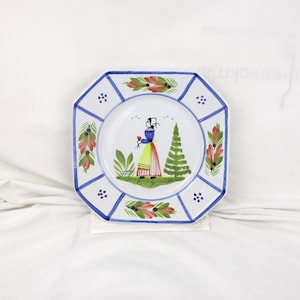 French Quimper Plate: Hand Painted Breton Woman Folk Art