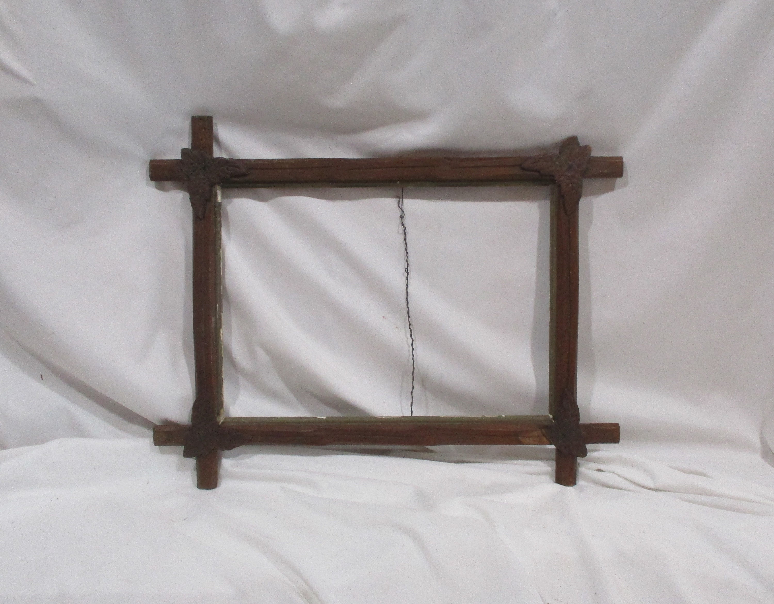 Wood Picture Frame, Tramp Art Frame, Great Antique Folk Art Salvage, Rectangular Adirondack Art Frame