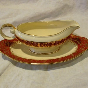 Footed Gravy Boat and Underplate, Eastern China 22 karat Gold Trimmed, Hand Painted Antique Porcelain