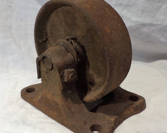 Industrial Cart Wheel, Old Large Single and Heavy, Mounting Bracket, Antique Factory Salvage