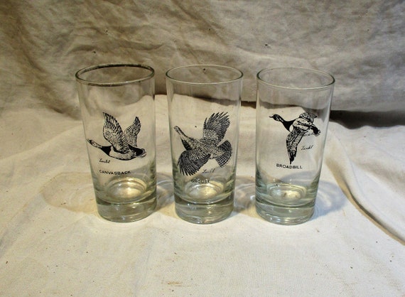 Highball Glasses, Set of 3 Vintage Drinking Glasses, Mid Century Salvage,  Wild Birds 