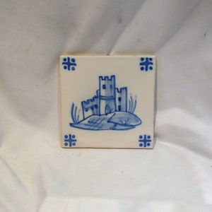 Castle Tile or Trivet, Old Portuguese Hand Painted Blue and White Tile, Vintage Architectural Salvage Tile