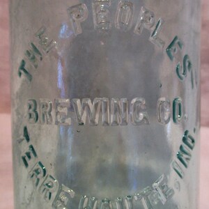 Glass Bottle, Antique Hand Blown Aqua Bottle, The People&#39;s Brewing Company, Indiana Salvage