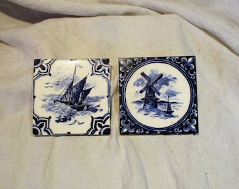 Delft Style Tiles, Vintage Blue & White, Windmill and Sailboats, Hand Painted Old Tiles