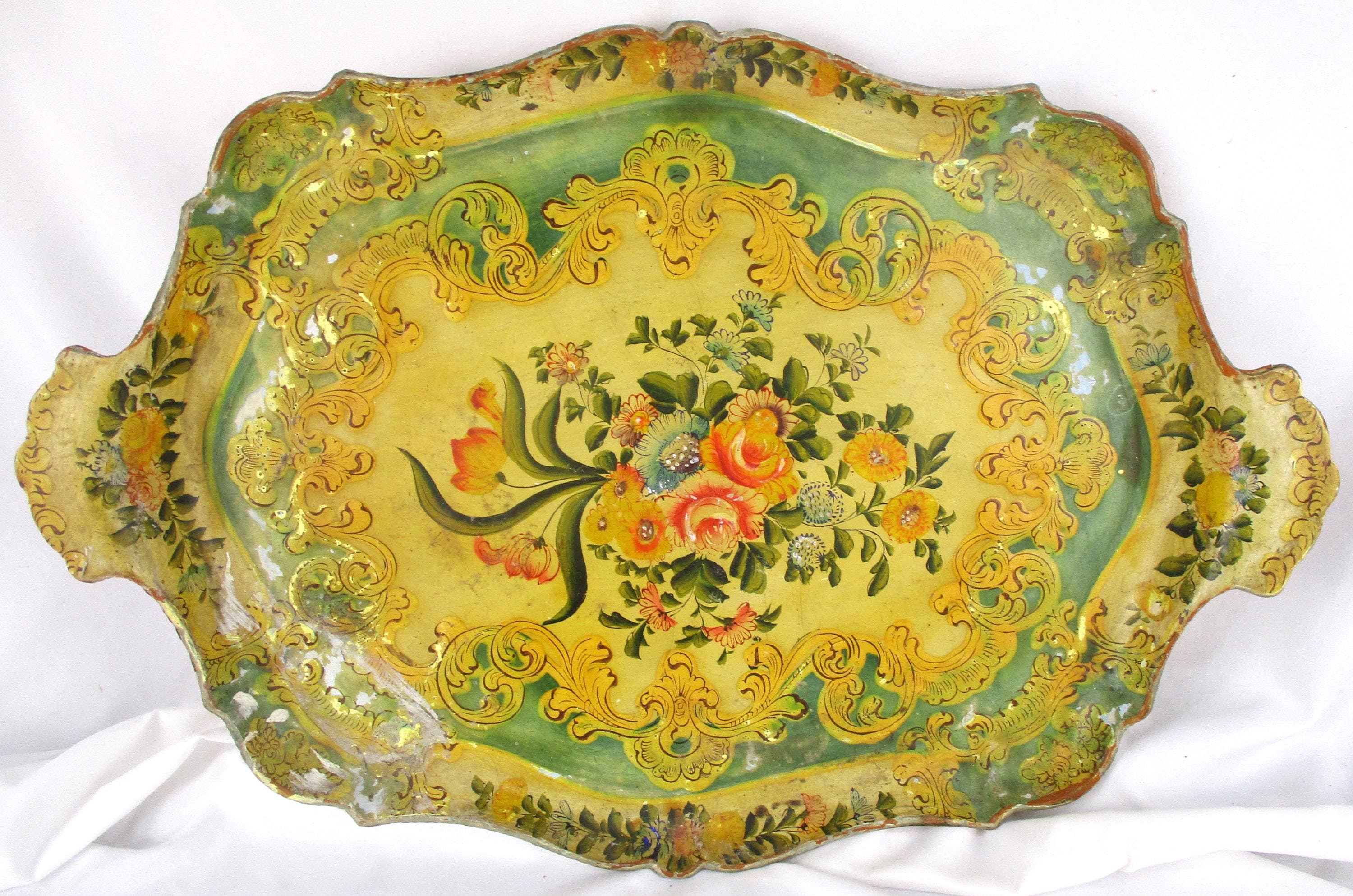 Vintage Japanese Stenciled Wood Tray, Floral Dresser Tray, Mid