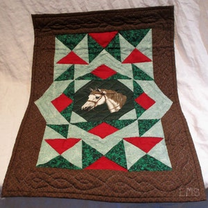 Hanging Quilt, Horse Head, Small Hand Quilted and Signed Wall Hanger, Crib Blanket