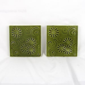 Ceramic Tiles, Square Tiles, PAIR of Green Geometric Tiles, Old Architectural Salvage Decorative Tiles, Trent Tile Company, New Jersey