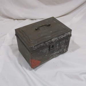 Antique Metal Cash Box: 1800s Banker&#39;s Tin with Raised Relief