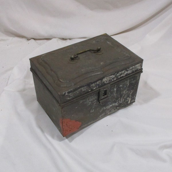 Cash Box, Antique Metal Cash Drawer, Old Raised Relief Bankers Box, 19th Century Hinged Tin Box