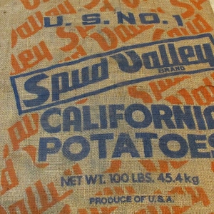 Burlap Sack, Spud Valley California Potatoes, Vintage Farm and Barn Stock