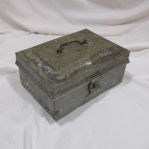 Antique Metal Cash Box: 1800s Banker&#39;s Tin with Raised Relief