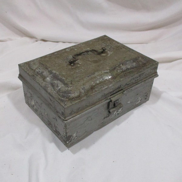 Cash Box, Antique Metal Cash Drawer, Old Raised Relief Bankers Box, 19th Century Hinged Tin Box