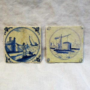 Delft Style Coasters, Vintage Blue & White, Hand Painted Old Tiles, Stone Tiles