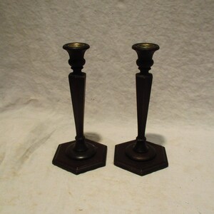 Pair of Candlesticks, Vintage Antique Hexagonal and Turned Wood Tulip Candle Holders