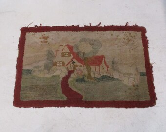 Hooked Rug, Vintage Hand Made Carpet, Farmhouse, Homestead, Rural Estate Scene