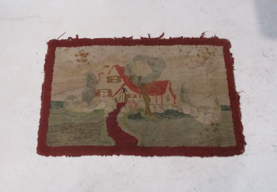 Hooked Rug, Vintage Hand Made Carpet, Farmhouse, Homestead, Rural Estate Scene