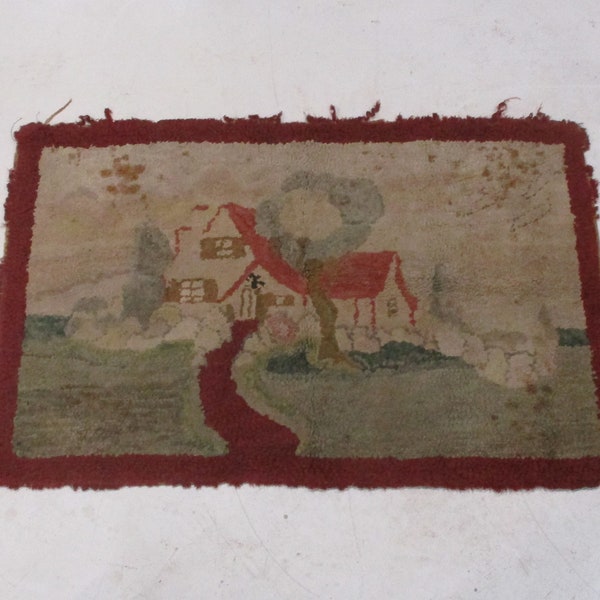 Hooked Rug, Vintage Hand Made Carpet, Farmhouse, Homestead, Rural Estate Scene