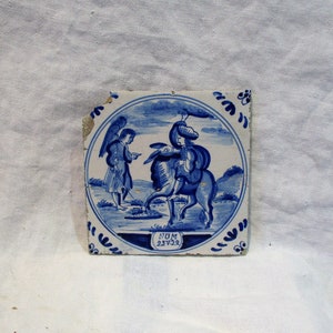 Delft Tile, Old Eighteenth Century Tile, Antique Blue and White Biblical Religious Tile, Hand Painted Old Tile