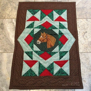 Hanging Quilt, Horse Head, Small Hand Quilted and Signed Wall Hanger, Crib Blanket
