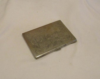 Etched Silver Calling Card or Business Card Holder, Antique Case, Castle and Reindeer Etching, Victorian, Edwardian Style, Probably German