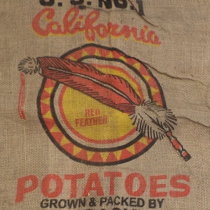 Burlap Sack, California Red Feather Potato Sack, Old Barn and Farm Salvage