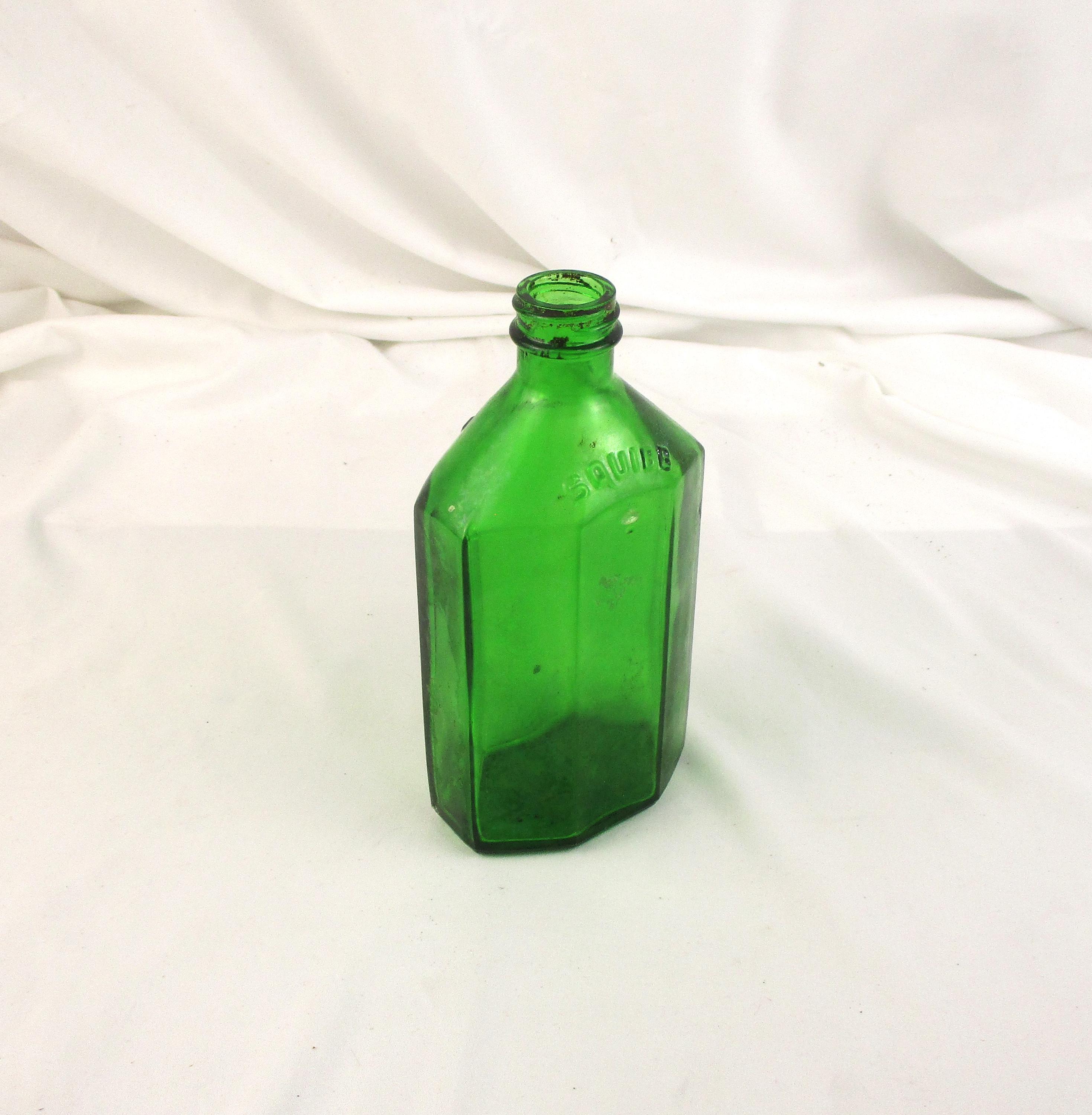 Vintage Green Glass Squibb Pharmacy Bottle: Octagonal Apothecary Flask