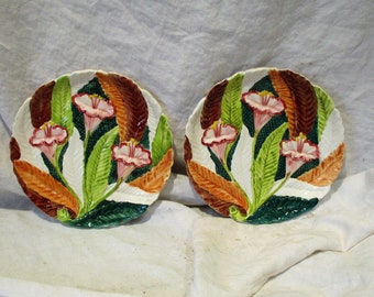 Majolica Floral Plates, Hand Painted Italian Porcelain Plates, Mid Century High Relief Ceramics