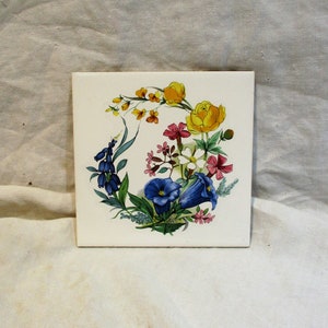 Vintage Portuguese Floral Tile Trivet: Hand-Decorated Wildflowers