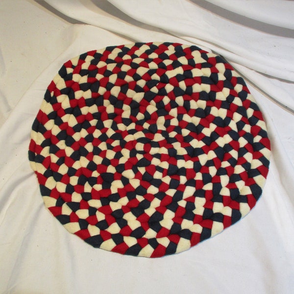 Vintage Braided Chair Pad or Small Round Rug, Hand Made Patriotic Colors, Country Decor or Wall Hanging