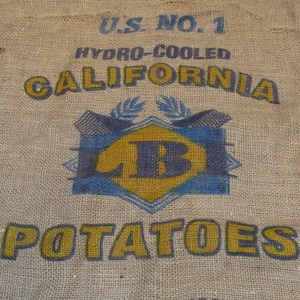 Burlap Sack, California Potatoes, LBI, Old Printed Gunny Sack, Vintage Farm and Barn Salvage