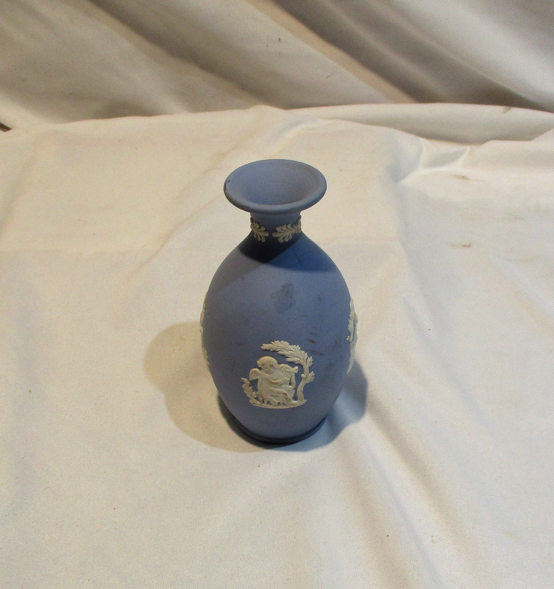 English Wedgwood Bud Vase, Blue Matte Ceramic With Neoclassical