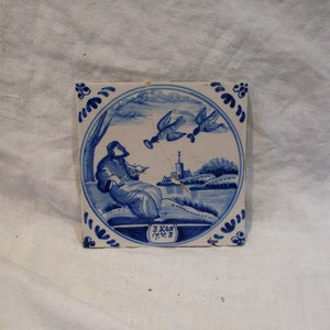 Delft Tile, Old Eighteenth Century Tile, Antique Blue and White Biblical Religious Tile, Hand Painted Old Tile