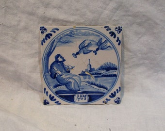 Delft Tile, Old Eighteenth Century Tile, Antique Blue and White Biblical Religious Tile, Hand Painted Old Tile