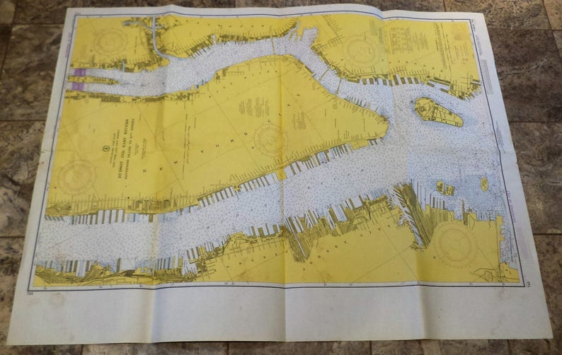Hudson and East Rivers 1972 New York Harbor Lower Manhattan Vintage Shore Maps Maritime Soundings Map