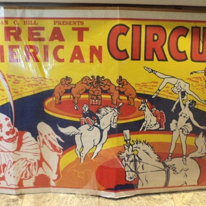 Large Circus Poster, Alan Hill, Mid Century Carnival Poster with Clown and Elephants
