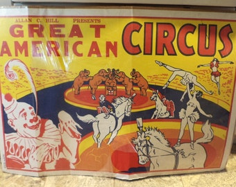 Large Circus Poster, Alan Hill, Mid Century Carnival Poster with Clown and Elephants