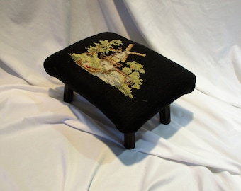 Foot Stool, Upholstered Foot Stool, Antique Wood Farmhouse Old Footstool, Folk Art, Counted Cross Stitch Dutch Windmill Cover