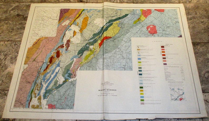 Vintage Map Sherbrooke Large Colorful Map Canada US Border Region Quebec 1950 Geological and Mining Map