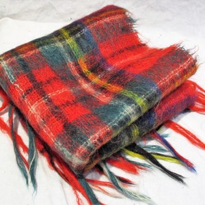 Vintage Mohair Plaid Scarf: Long Wool Tasseled Neck Warmer